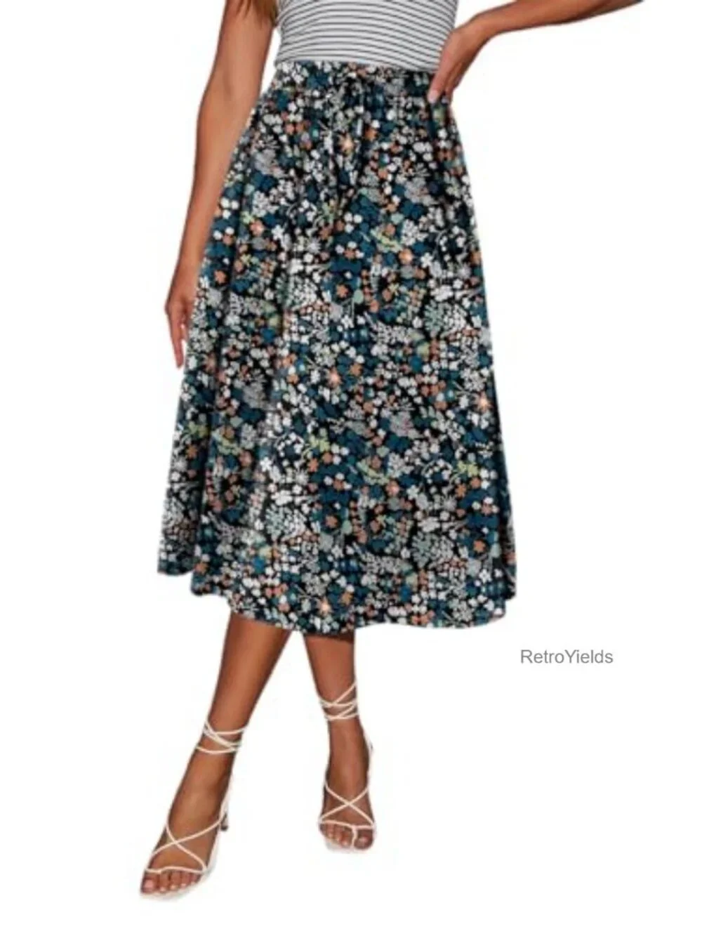 Women's Print Midi Skirt with Pockets Elastic High Waist A-Line Flared Bohemian